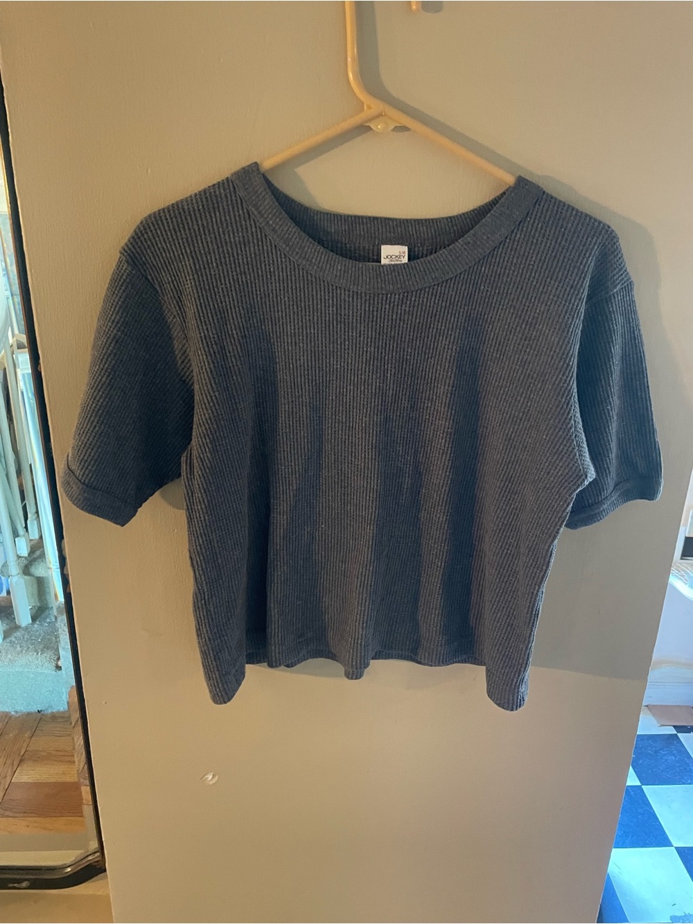 Jockey Ribbed Short-Sleeve thermal Crop Top in Charcoal grey